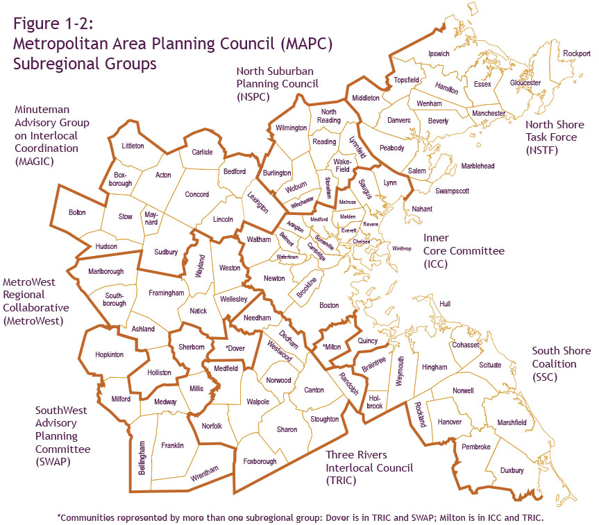 Figure 1-2: Metropolitan Area Planning Council (MAPC) Subregional Groups 
This map shows how the 101 municipalities in the Boston Region MPO region are located in eight MAPC subregions, which are represented by subregional groups. These subregional groups include the Inner Core Committee (ICC), the MetroWest Regional Collaborative (MetroWest), the Minuteman Advisory Group on Interlocal Coordination (MAGIC), the North Suburban Planning Council (NSPC), the North Shore Task Force (NSTF), the South Shore Coalition (SSC), the SouthWest Advisory Planning Committee (SWAP), and the Three Rivers Interlocal Council (TRIC). Two communities are represented by more than one subregional group; Dover is in TRIC and SWAP, and Milton is in ICC and TRIC.
